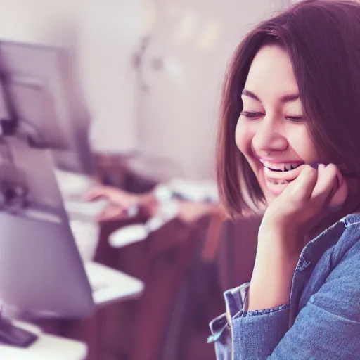 Image similar to Woman smiling contently in joy using a computer, Candid shot, Canon EOS, ArtStation