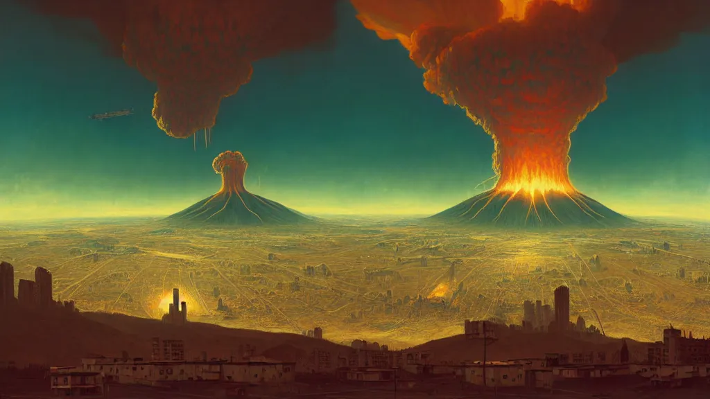 Image similar to Nuclear Fallout towering over the town of Quito by Simon Stålenhag and J.M.W. Turner, oil on canvas; Art Direction by Adam Adamowicz; 4K, 8K epic drone shots; Ultra-Realistic Depth Shading