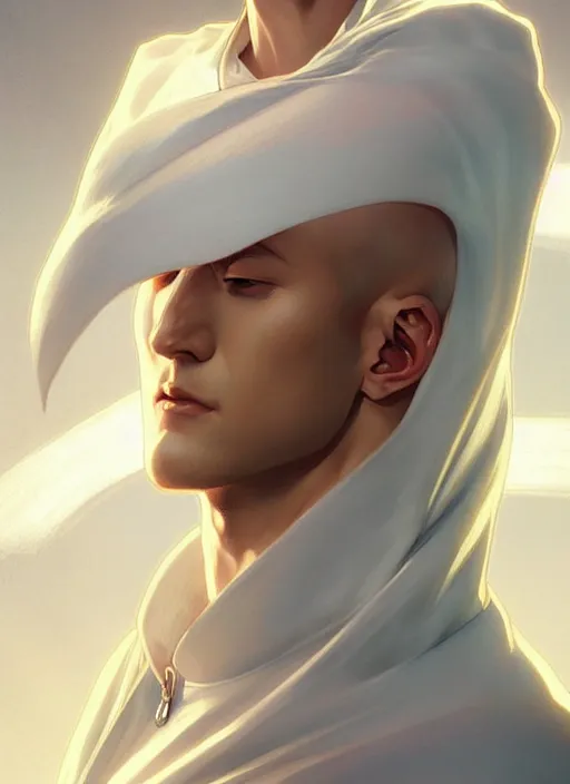 Image similar to ultra realistic illustration, handsome saitama. white cape, intricate, elegant, highly detailed, digital painting, artstation, concept art, smooth, sharp focus, illustration, art by artgerm and greg rutkowski and alphonse mucha and wlop