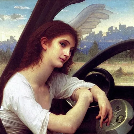 Prompt: an oil painting of an angel driving a car in a restaurant drive through, interior view, by Bouguereau, highly realistic and intricate