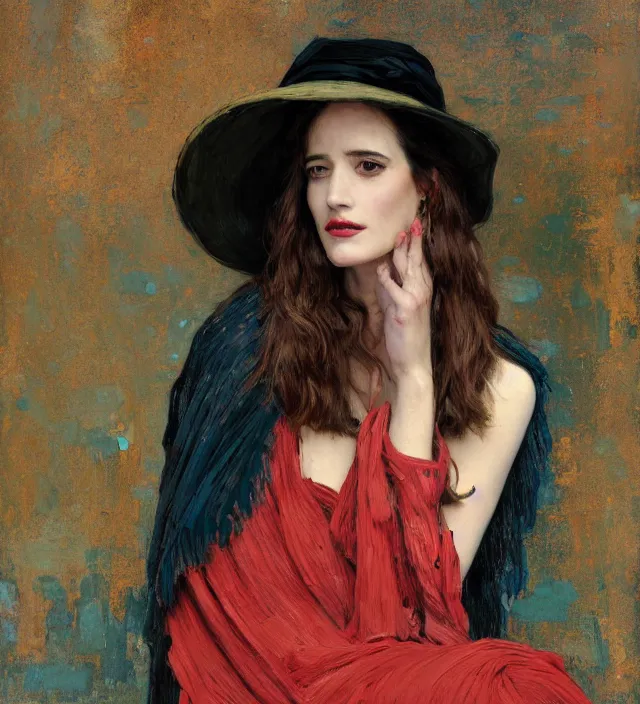 Image similar to portrait of fashionable young woman wearing rich jewerly hat and boho poncho into concrete hitech interior, eva green and Gemma Arterton, red light, dark make up on her face sitting dynamic pose, Low poly, thunder clouds in the sky, artwork by john william waterhouse and Denis Sarazhin and klimt and rhads and van gogh and Dean Ellis and Detmold Charles Maurice, levitation, industrial rusty pipes, simple form, brutal shapes