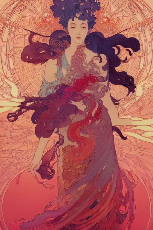 Prompt: a beautiful hyperdetailed character design 4 k wallpaper illustration of a huge reddish phoenix, victo ngai style, alfons mucha ， from china, style of studio ghibli, denoise, deblurring, artgerm, xision, james jean, ross tran, chinese style