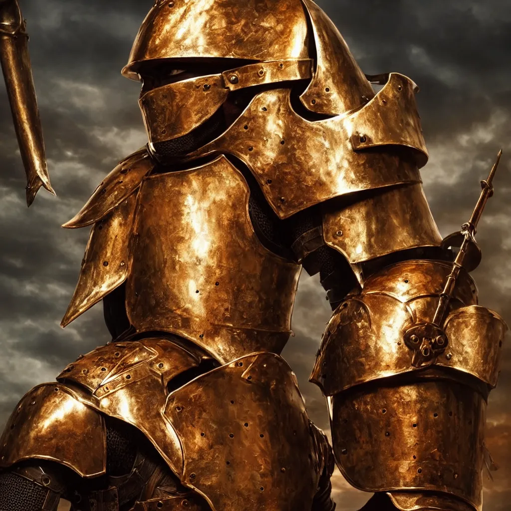 Image similar to of a photo of a knight character that has a helmet that is made of copper and gold, beautiful sculpted details, cinematic lighting, this knight is a war lord who roamed the fields in many battles, there is a faint red aura to him displaying a lot of power