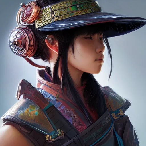 Image similar to closeup of a young cyberpunk samurai lady wearing a visor D&D, fantasy, intricate, elegant, highly detailed, digital painting, artstation, concept art, matte, sharp focus, illustration, hearthstone, art by Artgerm and Greg Rutkowski and Alphonse Mucha