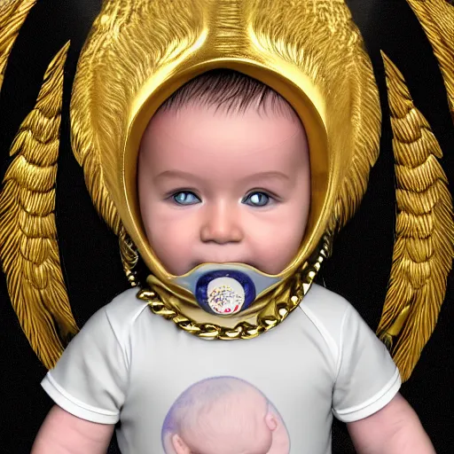 Image similar to a high tech 3 d rendering of a a baby cherub angel wearing a balaclava face mask, ski mask, face covered, covered face, fixed eyes, tattoos, multiple gold cuban chain necklace, concept art octane render, blender,