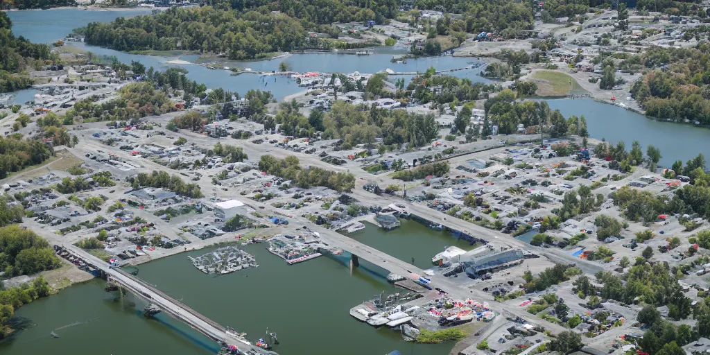 Image similar to bird's eye view of a small city, trailer park, a road, bridge, and inlet with docking area. town hall. photography