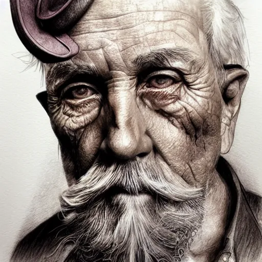 Image similar to hyper realistic full figure pencil drawing of an older man steampunk, water color, detailed, rim light, diffused, intricate, by anna dittmann,