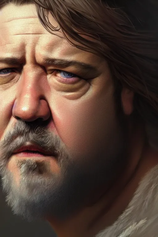 Image similar to ultra detailed close up facial portrait of russell crowe, extremely detailed digital painting, in the style of fenghua zhong and ruan jia and jeremy lipking and peter mohrbacher, mystical colors, rim light, beautiful lighting, 8 k, stunning scene, raytracing, octane, trending on artstation