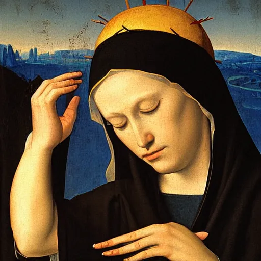 Image similar to original oil painting of a our lady of sorrows crying tears by alessandro allori fra angelico