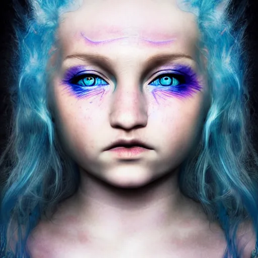 Image similar to The dragon girl portrait, portrait of young girl half dragon half human, dragon girl, dragon skin, dragon eyes, dragon crown, blue hair, long hair, highly detailed, cinematic lighting, Matte painting by David Lynch