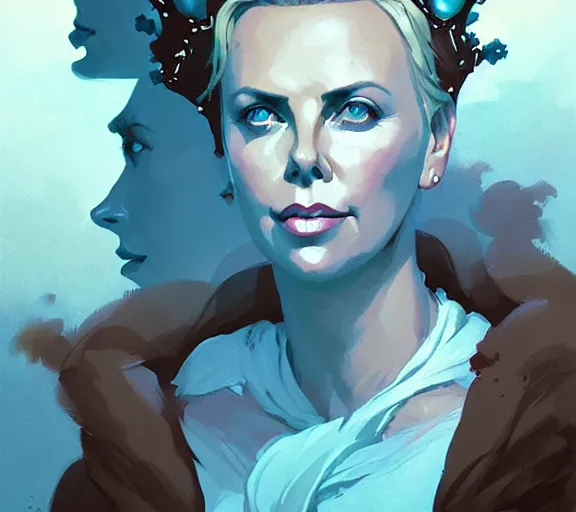 Prompt: portrait of portrait, charlize theron as a queen, fantasy, by atey ghailan, by greg rutkowski, by greg tocchini, by james gilleard, by joe fenton, by kaethe butcher, by ashley wood, dynamic lighting, gradient light blue, brown, blonde cream and white color scheme, grunge aesthetic