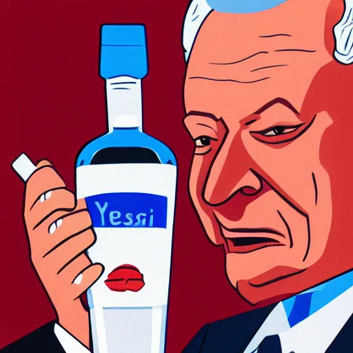Prompt: yeltsin with red eyes holding a bottle of vodka, scary art in color