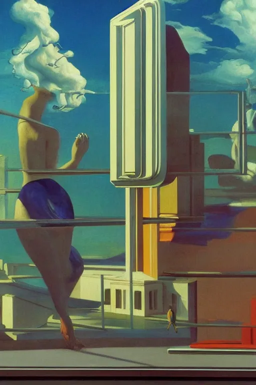 Prompt: liminal vaporwave surrealism dreams, painted by Edward Hopper, painted by salvador dali, painted by moebius, airbrush