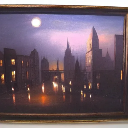 Image similar to city, night, dramatic light, oil painting, by caspar david friedrich