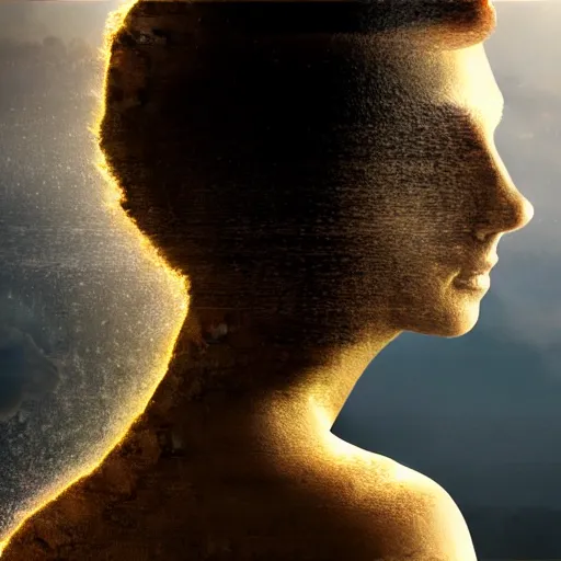 Prompt: double exposure portrait of a beautiful short dark haired feminine queen looking away, over the desertic city of a thousand temples, by leonard de vinci, digital art