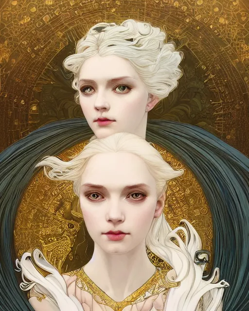 Image similar to portrait of an ethereal woman with pale hair and gold eyes wearing a flowing white and gold gown surrounded by feather motifs in the style of ilya kuvshinov and greg rutkowski and alphonse mucha and kay nielsen and ross tran and artgerm, intricate, digital painting, concept art