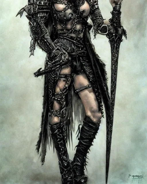 Image similar to portrait of a skinny punk goth sorceror wearing armor by frank fazetta, fantasy, barbarian, hardcore