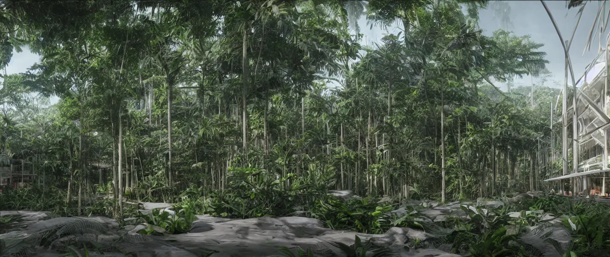 Image similar to architecture inspired by renzo piano deep in the rainforest. nature is taking over. matte painting. unreal engine 5 render. hdr. volumetric lighting. global illumination. atmospheric.