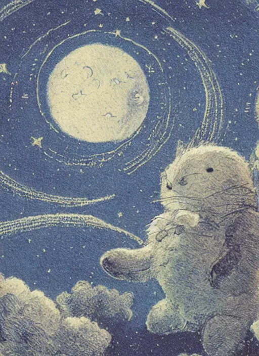 Image similar to night sky, stars, moon prominently in the center, surrounded by clouds, landscape, illustrated by peggy fortnum and beatrix potter and sir john tenniel