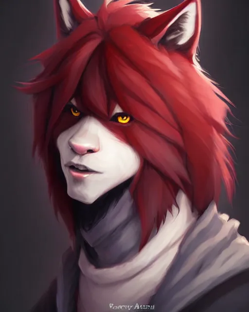 Image similar to character concept art of a black anthropomorphic furry male wolf long red hair | | cute - fine - face, pretty face, key visual, realistic shaded perfect face, fine details by stanley artgerm lau, wlop, rossdraws, james jean, andrei riabovitchev, marc simonetti, and sakimichan, trending on artstation