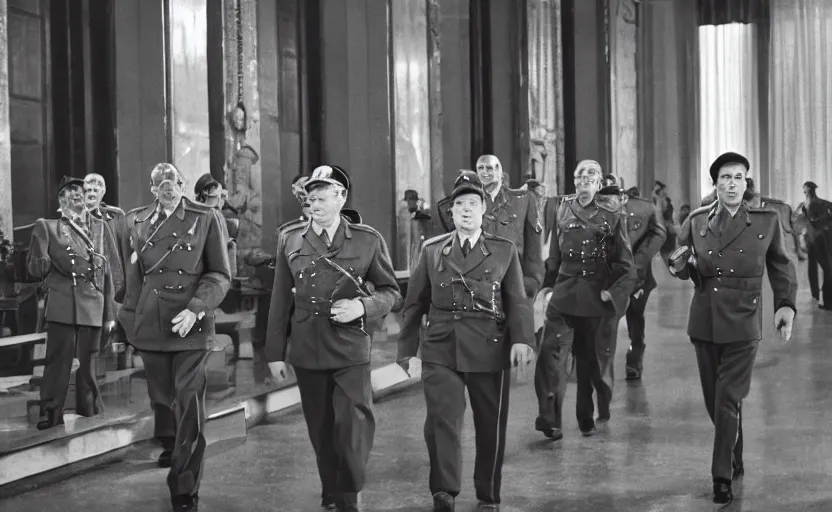 Image similar to 50s movie still of very diverse one general, one officers, one marshal, with very detailed faces in a stalinist style hall, by Alexei Guerman, Cinestill 800t 35mm black and white, heavy grainy picture, very detailed, high quality, 4k, HD criterion, precise texture, diverse faces, diverse haircuts, diverse ages, each faces precisely define