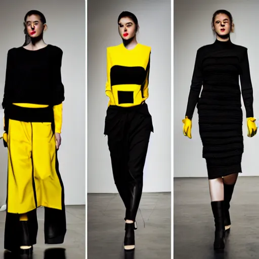 Image similar to brutalist fashion incorporating black and yellow, fashion show, studio lighting