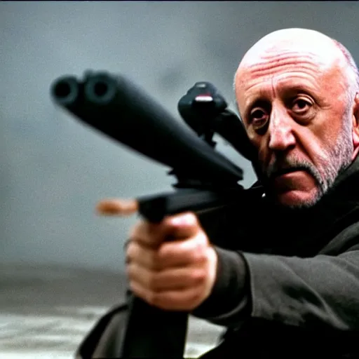 Image similar to Film Still of Mike Ehrmantraut carrying a sniper rifle and wearing a bulletproof vest, 4k, highly detailed, centered