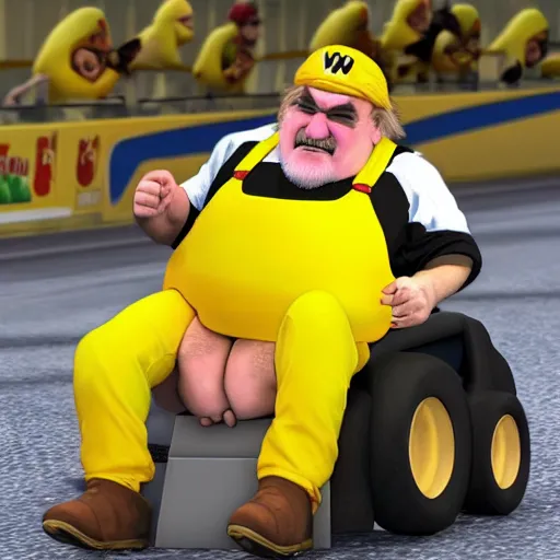 Prompt: Gérard Depardieu as Wario, yellow overall, yellow cap, the letter W, in a kart, Nintendo, render