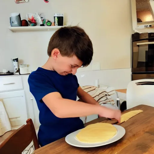 Prompt: super surprised kid making his first ever pancake