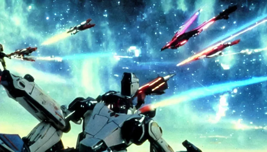Image similar to full - color cinematic movie still from a live - action macross action film directed by michael bay. the scene features the valkyrie robots from macross fighting against zentradi in space or on planets, and changing to gerwalk mode. realistic robotech movie. highly - detailed ; photorealistic ; epic.