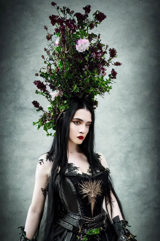 Image similar to very beautiful orcish top model, dark green hair, wearing valentin yudashkin gothic victorian armor with leaves and flowers, luxury materials, symmetrical, cinematic, elegant, professional studio light, real dlsr photography, sharp focus, 4 k, ultra hd, sense of awe, high fashion