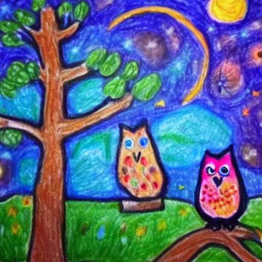 Prompt: childrens drawing of life the universe owls and trees,