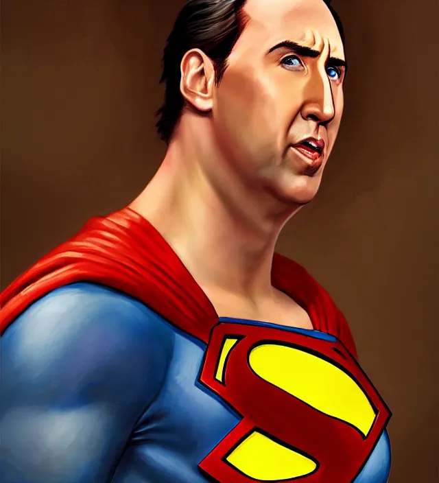 Image similar to nick cage as superman, dnd character art portrait, matte fantasy painting, deviantart artstation, by jason felix by steve argyle by tyler jacobson by peter mohrbacher, cinema