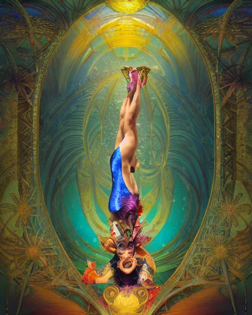 Image similar to a cirque du soleil in a morning dreamland, coherent design, symmetrical, vivid color, complementary color, golden ratio, detailed, sharp lines, intricate, rainbowshift, by james gurney, by brian froud, by peter mohrbacher, by alphonse mucha, by maxfield parrish, by karol bak, deviantart, octane render