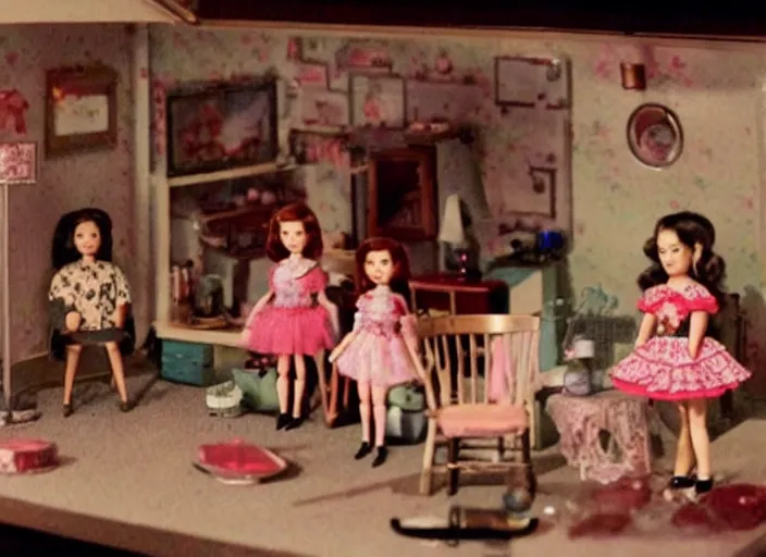 Prompt: Still frame from scene from the retro Twin Peaks consisting of doll miniatures diorama, directed by Nobuhiko Obayashi