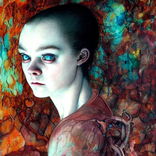 Prompt: realistic detailed image of elle fanning in a soviet prison, by francis bacon, by ayami kojima, amano, karol bak, neo - gothic, gothic, rich deep colors. beksinski painting, from a movie by david cronenberg. art by takato yamamoto. masterpiece. high quality, ultra detailed