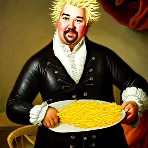 Prompt: an 1 8 th century portrait of guy fieri making a greasy macaroni and cheese sandwich, portrait, royal, oil on canvas