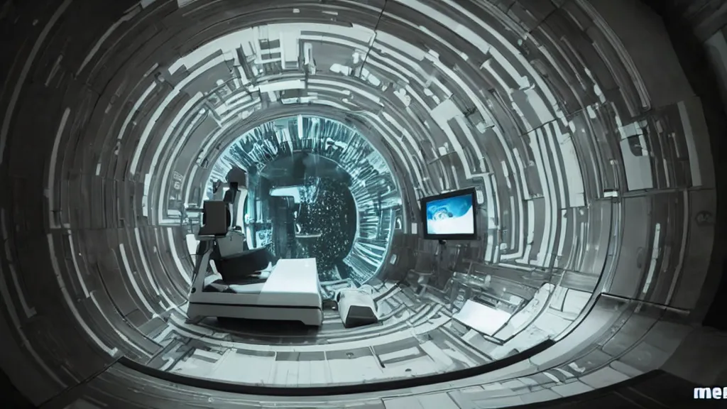 Image similar to an mri image open mri machine time tunnel portal in the living room, film still from the sci fi movie directed by denis villeneuve with art direction by salvador dali, wide lens