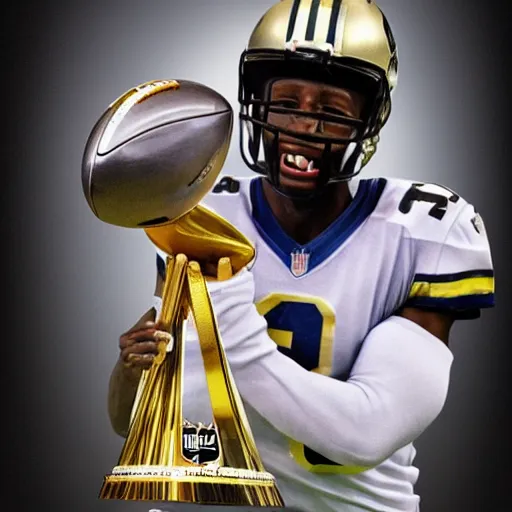 Image similar to Michael Thomas holding Superbowl trophy, hyper realistic, realism 8k, hd,