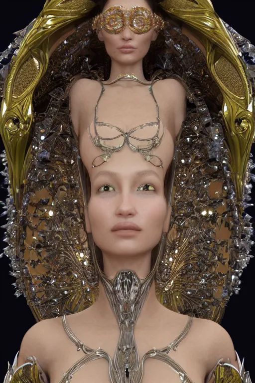 Prompt: a highly detailed metahuman 4 k close up render of an alien goddess bella hadid as aphrodite in iris van herpen dress schiaparelli in diamonds swarovski and jewelry in style of alphonse mucha gustav klimt trending on artstation made in unreal engine 4