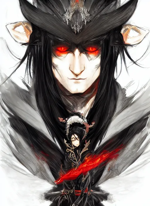 Image similar to Half body portrait of a handsome elf fire mage with long black hair wearing ornate scarlet robe, crazy grin, flame, anarchy. In style of Yoji Shinkawa and Hyung-tae Kim, trending on ArtStation, dark fantasy, great composition, concept art, highly detailed, dynamic pose.