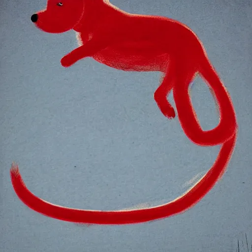 Image similar to Red long dog chasing its own tail. in the art style of William Turner. Minimalistic composition. High resolution. High details.