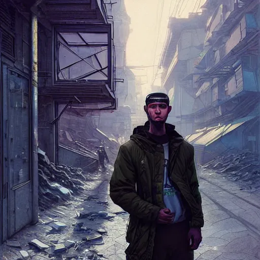 Prompt: A portrait of a cyberpunk gopnik on the street of a Soviet slum on the moon, Norilsk, sci-fi, fantasy, intricate, very very beautiful, elegant, highly detailed, digital painting, artstation, concept art, smooth, sharp focus, illustration, art by artgerm and greg rutkowski and alphonse mucha