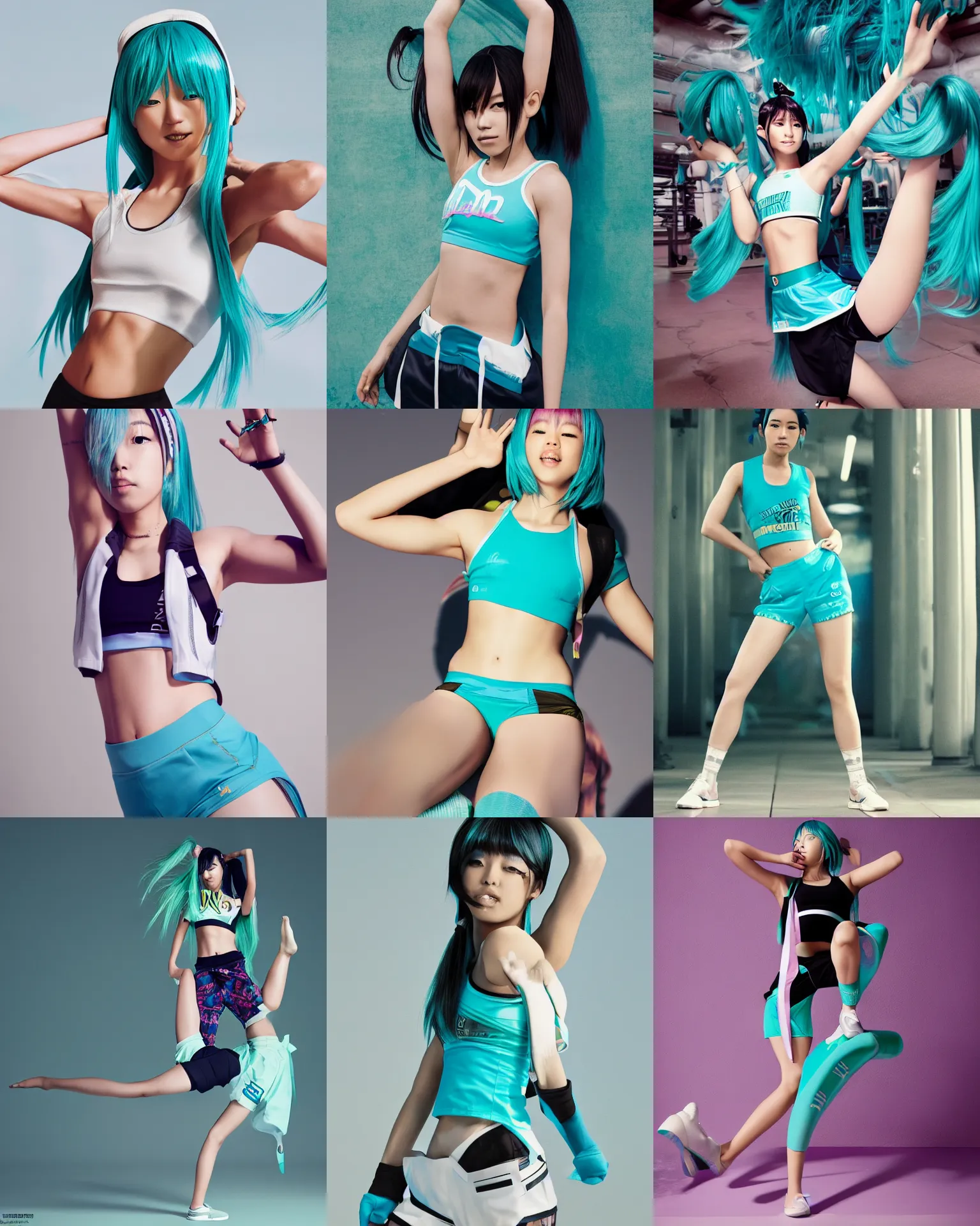 Prompt: hatsune miku wearing crop gym top, crop yoga short, Advertising photography by Mario Testino, masterwork, cgstudio