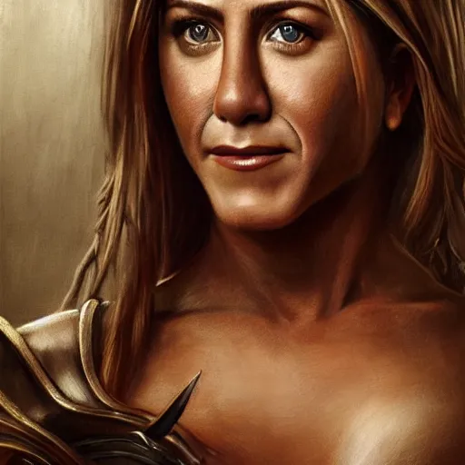 Image similar to the portrait of jennifer aniston as amazon warrior in an elegent dress by roberto ferri, fantasy, witcher, very detailed oil painting, masterpiece, 8 k, full face