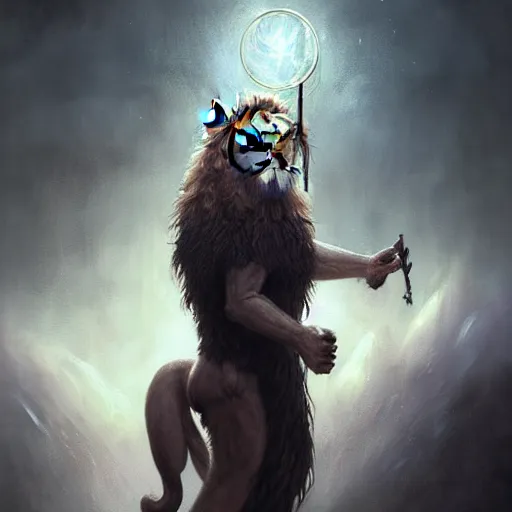 Image similar to an anthropomorphic half lion half human holding a wand,wizard,fantasy art,digital art,art by greg rutkowski,realiatic,photorealistic,hyperdetailed,detailed face,professional lighting,mysterious