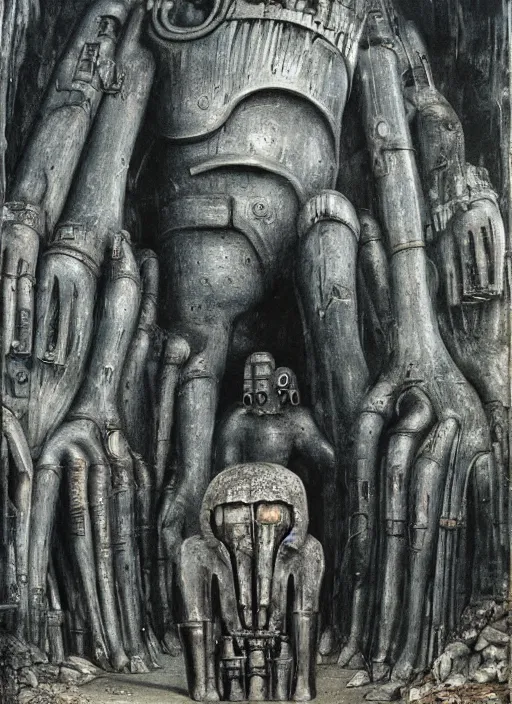 Image similar to giant steel golem in a cave, giger