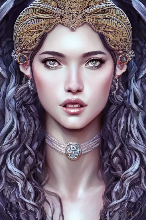 Prompt: portrait of the Goddess of Wisdom, elegant, intricate, full frontal shot, highly detailed, digital painting, artstation, concept art, sharp focus, illustration, art by artgerm