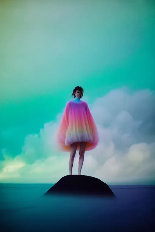 Image similar to high quality pastel coloured film close up wide angle photograph of a model wearing clothing swimming on cloud furniture in a icelandic black rock!! environment in a partially haze filled dreamstate world. three point light, rainbow. photographic production. art directed. pastel colours. volumetric clouds. pastel gradient overlay. waves glitch artefacts. extreme facial clarity. 8 k. filmic.