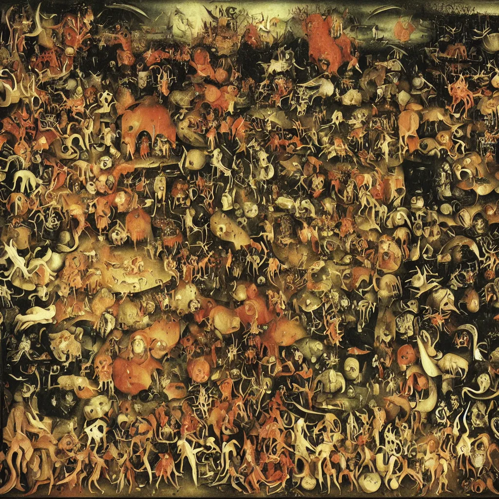 Image similar to the garden of earthly delights, detoriating, with freaky creatures and monsters taking over, with hell taking over, darkness, horror, evil, detailed, by hieronymus bosch, by jan van eyck, by brian froud